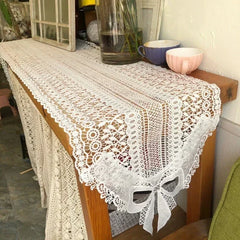 YICKYUE - New White bowknot Crochet Lace Table Flags Simple Artistic Bow Long Tablecloth Desktop Decoration Hollowed Out Desk Cloth