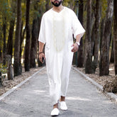 HEARUJOY - Comfort Regular Fit Men'S Slim Fit Shirt Male Casual Arab National Print Robe V Neck Middle Sleeve Split Hem Blouse Robe рубашка
