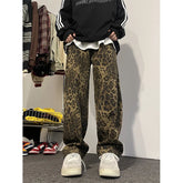 Hearujoy New Men's Jeans Neutral Wide Leg Denim Trousers Loose Straight Jeans Youth Street Casual Velvet Leopard Print Hip Hop Pants