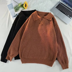 HEARUJOY - Men Polo Collar Knitted Sweater Long Sleeve Pullovers Loose Fit Jumpers Solid Streetwear Sweaters 2025 New Winter Slight Strech