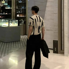 HEARUJOY - Men's Beige Black Geometric Striped Knit T-shirt Crew Neck Short Sleeve Casual Slim Fit Top For Daily Streetwear