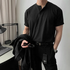 HEARUJOY - New Men Light Luxury Henry Collar T-Shirt Leisure Button-down Solid Color Short Sleeve Korean Style 2025 Summer Streetwear M-3XL