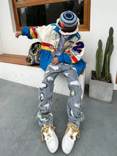 Hearujoy American-style ripped embroidered denim trousers men's and women's fashion same style loose straight trendy fashion trousers ins