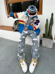 Hearujoy American-style ripped embroidered denim trousers men's and women's fashion same style loose straight trendy fashion trousers ins