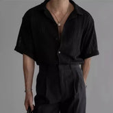 HEARUJOY - Men's Solid Color Hollow Short-Sleeved Shirt American Retro Fashion Trend Simple Casual Loose Breathable Summer New Men's Tops