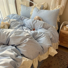 YICKYUE - 3/4pc Ruffle Bedding Set Soft Washed Cotton Duvet Cover Set+ Bed Sheet+Pillowcases Leopard Dot Single Full Queen Home Bedclothes