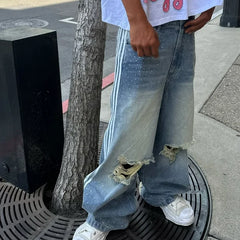 Hearujoy Jeans Y2K Trend Striped Rhinestones Embellished Ripped Denim Harajuku High Street Loose Streetwear Unisex Mopping Pants