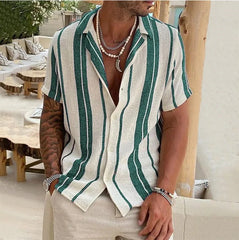 HEARUJOY - New Men's Slub Cotton Shirt Stripe Short Sleeve Collar Cardigan Summer Fashion Loose Oversize Shirts Top Streetwear Male