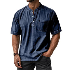 HEARUJOY - Summer Fashion Vintage Mens 100% Cotton Shirts Solid Lapel Short Sleeve Tops Casual Retro T-shirts Pullover Streetwear Male