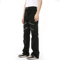 Hearujoy Male Black Denim Pants High Street Patchwork Multi Zipper Slim Boot Cut Loose Men¡®s Jeans Summer Tide 9C6689