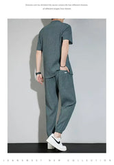 HEARUJOY - Summer New Loose Two Piece Set Men's Short-sleeved T-shirt Pants Korean Wrinkle Sports Casual Suit Trend Men Clothes