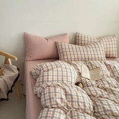 YICKYUE - Plaid printing skin-friendly and comfortable double-layer yarn small fresh printing four-piece set, dormitory