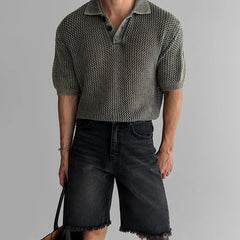 HEARUJOY - Men's Knitted Hollow Short-Sleeved Polo Shirt American Retro Fashion Trend Street Loose Breathable Casual Niche New Men's Tops