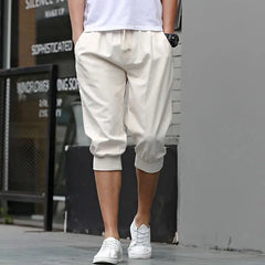 HEARUJOY - Summer New Sports Trend Versatile Casual Shorts Men's Solid Elastic Waist Drawstring Pockets Cotton Calf Length Cropped Pants