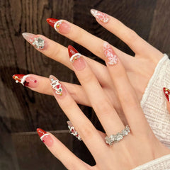 YICKYUE - 10pcs Handmade Press on Nails Christmas Fake Nails Hand-painted Carved 3D Snowman Decor Wearable Crystal Cat's Eye False Nails