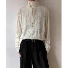 HEARUJOY - Men's French Style Vintage Pleated Textured High Collar Button Up Shirt Spring Autumn Y2K Harajuku Solid Long Sleeve Loose Tops