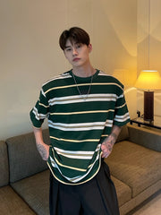 Hearujoy tide brand striped short-sleeved T-shirt men's loose cotton summer Korean version casual loose shoulder pads half sleeves