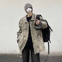 Hearujoy Men Gray Tie-dye Denim Jackets Coats Loose Vintage Jeans Jackets New Autumn Hip Hop Denim Coats Outwear Casual Jeans Coats