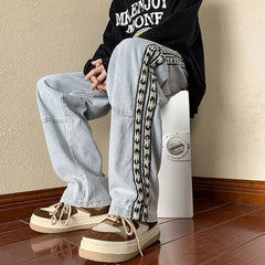 HEARUJOY - Ribbon Jeans Men Summer American Street Spring and Autumn Pants Retro Floor-length Wide-leg Pants High Street Straight Pants