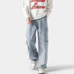 Hearujoy New Jeans Big Pocket Trousers Male Washed Denim Cargo Pants Wide Leg Pant Men's Jeans Loose Casual Streetwear Hip Hop Harajuku
