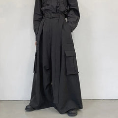 Hearujoy Mens Multi-Pocket Loose Casual Skirts Genderless Japanese Harajuku Street Dark Workwear Style Solid Color Wide Leg Pants Unisex