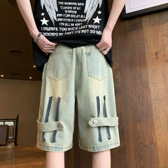 HEARUJOY - New Retro Men's Spliced button Zipper Pocket Fashionable Five-point Denim Shorts