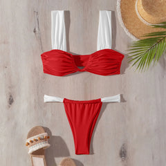 HEARUJOY - Women Sexy Swimwear Solid Bikini Two-Piece Swimwear Sleeveless Low V-Neck Swimsuit Tights Summer Beach Set