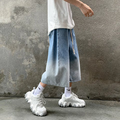 Hearujoy Korean Fashion Men Gradient Denim Shorts Wide Leg Jorts Jeans Man Summer Streetwear Oversize Casual Baggy Jeans Shorts