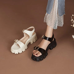 Hearujoy New Summer Women Shoes Concise Thick Heel Leather Sandals Platform Shoes Platform Sandals White Genuine Leather Flats black