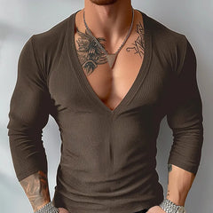 HEARUJOY - Tops American Style Sexy Men's V-neck Striped T-shirt Casual Well Fitting Male Hot Sale Long Sleeved Camiseta S-5XL