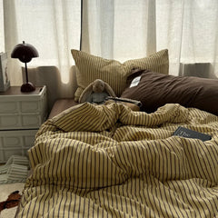 YICKYUE - 3/4pcs Bedding Set Ins Ambiance Blue Stripe Yellow Mixed Washed Cotton Minimalist Duvet Cover Sheets Pillowcase All Season Use