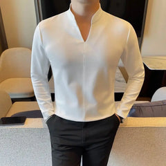 HEARUJOY - New Chinese Solid Color Slim and Simple Men's T-shirt Stand Collar Elastic Casual V-neck T Base Shirt