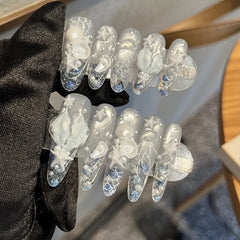 YICKYUE - White Long Handmade Press on Nails Fish Tail Shell Sea Starfish Cat-eye Wearable Fake Nails Reusable False Nails for Women&Girls