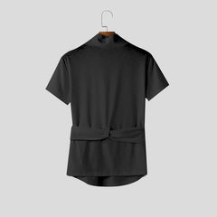 HEARUJOY - Men Shirt Lace Patchwork V Neck Summer Short Sleeve Streetwear Men Clothing With Belt Lace Up Fashion Male Shirts S-5XL