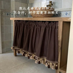 YICKYUE - Retro Nordic Coffee Door Curtain Half Curtain Dustproof Half Shading Modern Short Curtain Tassels Valance Kitchen Window