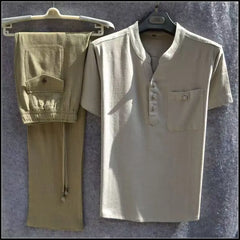 HEARUJOY - Summer Comfortable Short-Sleeved Button Shirt Sets Men's Solid Color Shirt Shorts Suit Men's Cotton Linen Casual Suit