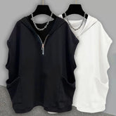 Hearujoy Mens Casual Pocket Hooded Vest Genderless 2024 Summer New Fashion Versatile Zipper Solid Color Loose Sleeveless T-Shirt Unisex