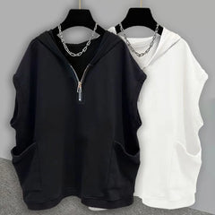 Hearujoy Mens Casual Pocket Hooded Vest Genderless 2024 Summer New Fashion Versatile Zipper Solid Color Loose Sleeveless T-Shirt Unisex