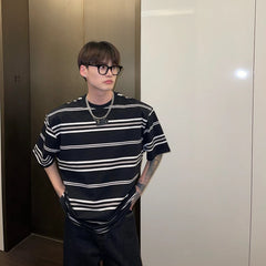 Hearujoy tide brand striped short-sleeved T-shirt men's loose cotton summer Korean version casual loose shoulder pads half sleeves