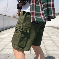 HEARUJOY - Oversize Wide Multi Pocket Loose Baggy Short Pants for Men Solid Big Size Elastic Waist Mens Cargo Shorts Hevy Whate Cotton Tall