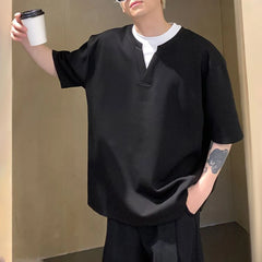 Hearujoy Mens Casual Fake Two-Piece Knitted T-Shirt Genderless 2024 Summer New Simple Versatile Solid Color Short-Sleeved Top Unisex