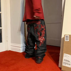 Hearujoy Dark Black Cross Gothic embroidery Red Pattern y2k High Waist Jeans men clothing 2000s American Retro Street Popular Casual Pant