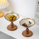 YICKYUE - Chinese Retro Style Wooden High-Footed Ceramic Fruit Dish Creativity Living Room Fruit Dim Sum Storage Tray Desktop Ornament