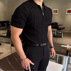 HEARUJOY - Summer New Men's Solid Color Knitted Jacquard Short Sleeve T-shirt Retro Trend Fashion Casual Simple Slim Men's Tops