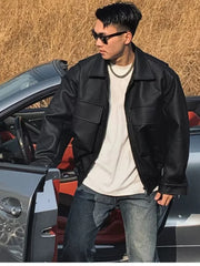 HEARUJOY - Spring Cool Handsome Oversized Short Matte Black Pu Leather jacket Men Zipper Pockets Loose Luxury Designer Clothes