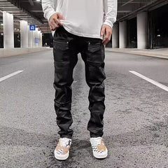Hearujoy Y2k Front Pocket Wax Pu Leather Pants for Men Straight Slim Casual Overall Ropa Hombre High Street Loose Cargos Oversized