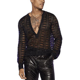 HEARUJOY - Men Lace T-Shirt See-Through V-Neck Mesh Thin T-Shirt Summer Streetwear Sexy Fashion Breath Long Sleeve Top Men'S Clothing 2025