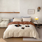 Yickyue Vintage Sunflowers Towel Embroidery Bedding Set Flat/Fitted Sheet Duvet Cover Set 4Pcs for Spring Home(Queen King Size,2 Colors)