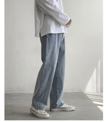 YICKYUE - AllSeason Casual Soft Men's Cool Boys Loose Jeans Straight Long Pants Button Zipper Solid Pocket Versatile Comfortable