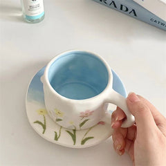 YICKYUE - New Chinese Cartoon Cartoon Coffee Cup Modern Simple Handmade Ceramic Cup and Saucer suit Afternoon Tea Tableware Mug